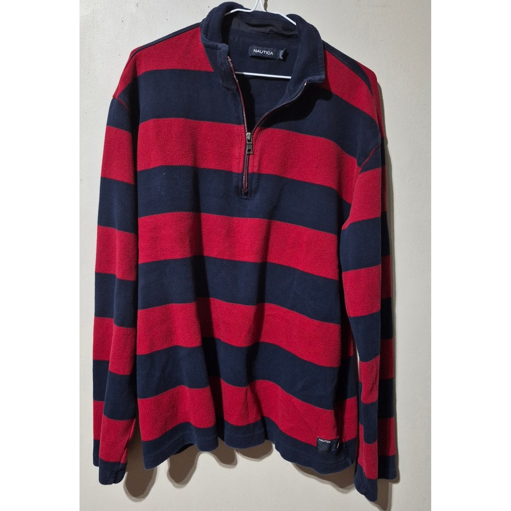 Nautica Mens XL Quarter Zip Pullover Red Navy Blue Striped Cotton Fleece Sweater